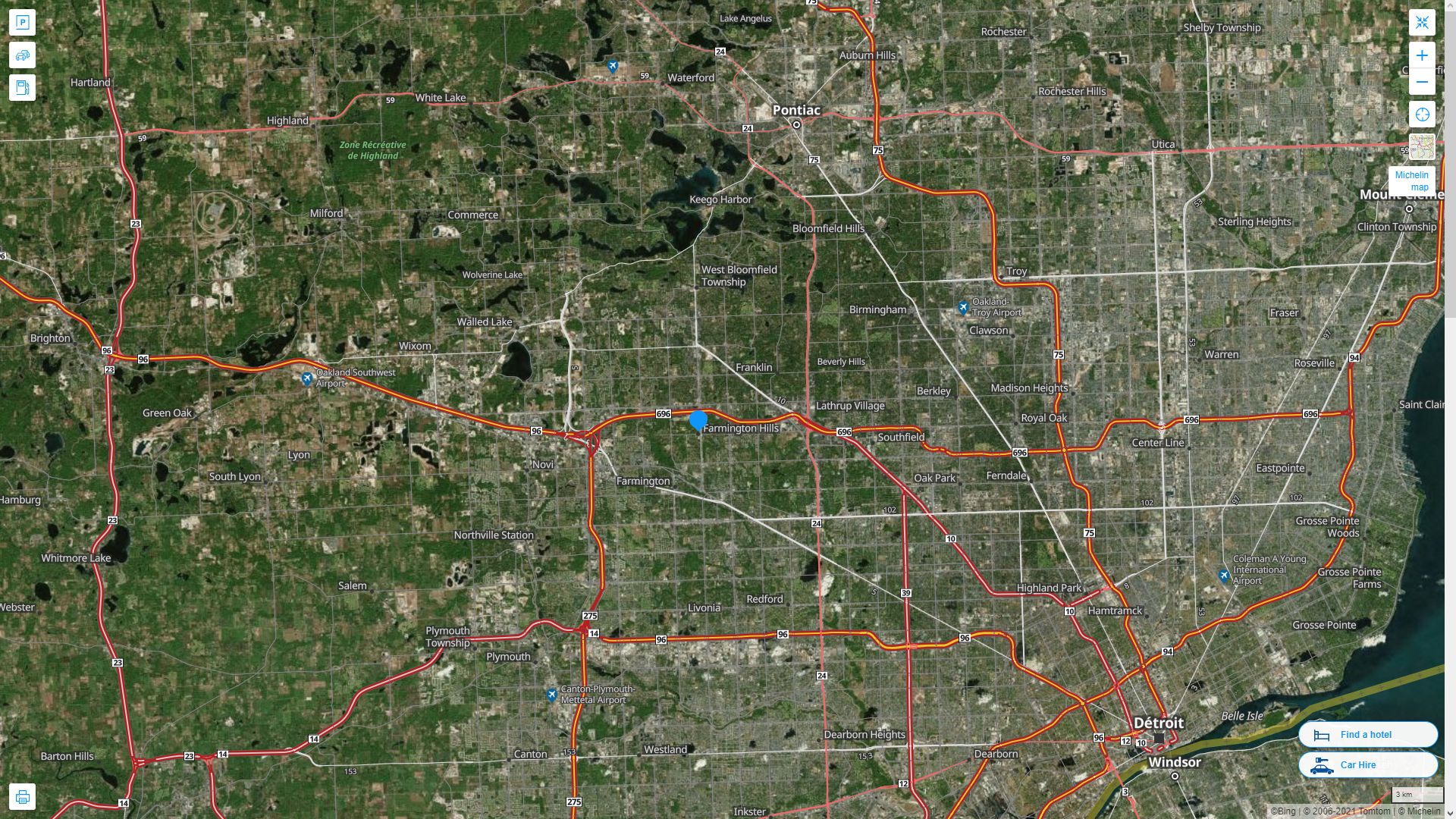 Farmington Hills Michigan Highway and Road Map with Satellite View